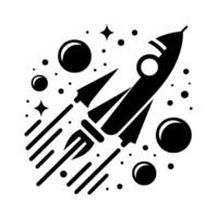 Black and white illustration of a retro rocket ship soaring through space amongst planets, stars and orbiting elements, in a minimalistic, flat aesthetic. vector