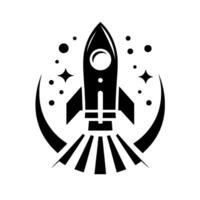 Bold black and white illustration of a rocket launching into space, surrounded by stars and cosmic elements. vector
