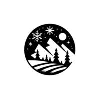 Monochrome winter landscape in a circular frame, depicting a serene scene of snowcapped mountains, pine trees, a snowflake, and a night sky filled with stars and a moon. vector