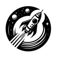 A retrostyle black and white illustration of a rocket ship ascending into space, surrounded by planets, stars, and stylized cosmic elements within a circular frame. vector