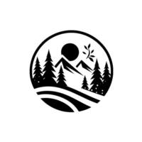 A minimalist black and white circular landscape design, featuring silhouetted trees, mountains, and a sun, evoking nature and tranquility. vector