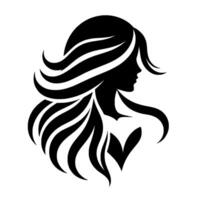 Silhouette of an elegant woman with flowing hair, rendered in stark black and white, exuding grace and sophistication on a pristine white backdrop. vector