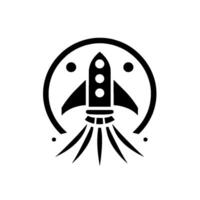 Stylized black and white rocket ship emblem, enclosed within a circle, emanating flames, and adorned with dot elements, suggesting space exploration. vector