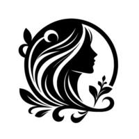 Elegant silhouette of a womans profile within a circle, adorned with flowing hair, crescent moon, and ornate floral elements. vector