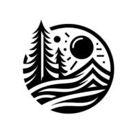 Minimalist black and white circular landscape emblem pine trees, sun, mountains, and water in a stylized nature scene, set against a clean white backdrop. vector