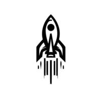 Minimalist black and white rocket ship with trailing exhaust on a pristine white background, representing startup ambition. vector