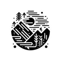 Abstract black and white circular mountainscape featuring sun, trees, and layered landscape elements. vector