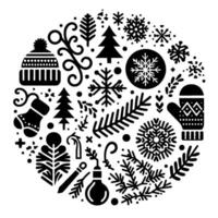 Festive winter circle a monochromatic composition featuring iconic holiday elements such as snowflakes, trees, mittens, and stocking arranged within a circular design. vector
