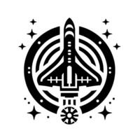 A stark black and white minimalist illustration of a space shuttle enclosed within a circular design, surrounded by stars, embodying exploration. vector