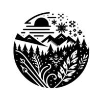 Winters embrace a stylized, blackandwhite illustration depicting a snowy mountain scene enclosed within a circular frame, featuring a sunset, snowflakes, evergreen trees, and intricate floral elem vector