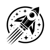 Retrofuturistic rocket ship blasting off within a starspeckled circular frame, rendered in a bold black and white illustration. vector