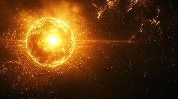 Sun illuminating Earth with geometric network and connected lines in the vastness of space featuring a vibrant celestial backdrop photo