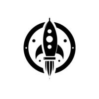 Black and white retrostyle illustration of a rocket ship inside a circle with four small surrounding dots. vector