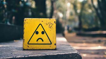 A warning sign featuring a frowning face can be seen in a park during daylight hours, indicating that caution is needed photo