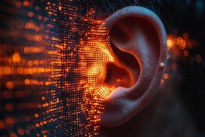 Digital representation of an ear with glowing elements illustrating sound and technology at twilight showcasing the intersection of humanity and data photo