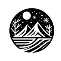 A circular, minimalist black and white winter scene depicts a serene mountain range, moon, snowflakes, and stylized trees, and a wavy landscape. vector