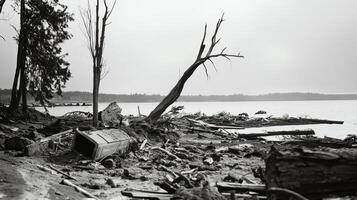 Debris and fallen trees line the shoreline of a desolate lake under a cloudy sky, capturing the aftermath of a significant environmental event disrupting the landscape and ecosystem photo