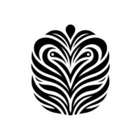A symmetrical, stylized black and white of an eyelike form, constructed from swirling, curved lines and organic shapes, set against a stark white backdrop. vector