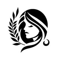Elegant black and white illustration of a womans profile, framed by a laurel branch, evoking serenity and grace. vector