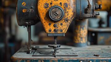 Detail view of an antique sewing machine showcasing intricate mechanics in a vintage workshop setting photo