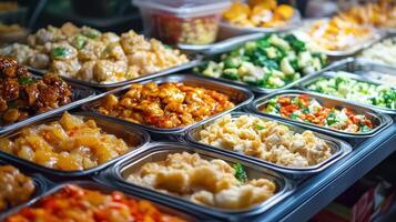 A delightful array of colorful and appetizing dishes is showcased at a lively market, bustling with energy during the enchanting evening hours photo
