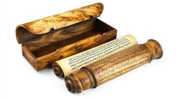 Ancient scrolls in an ornate wooden box showcasing intricate calligraphy and historic text in Arabic, placed on a neutral background for display photo