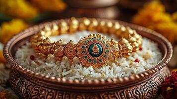 Top view of colorful rakhi adorned with kumkum and rice on a decorative plate for the celebration of Raksha Bandhan festival in India photo