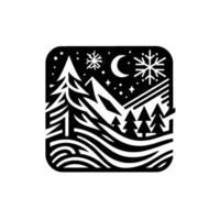 A stylized, monochromatic winter landscape, featuring a pine tree, mountains, snowflakes, a crescent moon, and stars, framed within a rounded square. vector