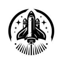 A stylized black and white illustration of a space shuttle launching, encapsulated within a circular emblem containing stars, suggestive of celestial travel and achievement. vector