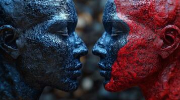 Two human faces painted in contrasting colors of blue and red facing each other, capturing an intense moment of connection in an artistic display photo