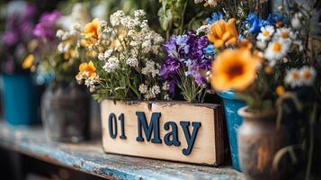 Delicate flowers beautifully frame a wooden calendar displaying 01 May in a serene outdoor setting filled with vibrant colors and natural beauty photo