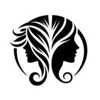Symmetric silhouettes two female profiles with flowing hair, enclosed in a circle, creating a balanced, minimalist emblem. vector