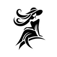 Elegant black silhouette of a woman with flowing hair and a widebrimmed hat, gracefully seated. vector