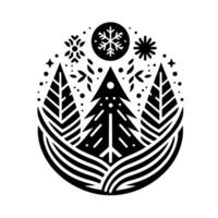 Monochromatic winter holiday geometric trees, snowflakes, and foliage encapsulated in an oval composition. vector