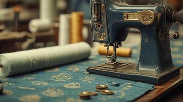 Old sewing machine on wooden table surrounded by colorful fabric and spools of thread in a cozy sewing room filled with creative energy and memories photo