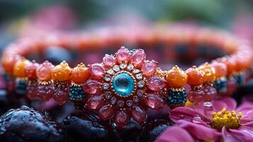 Celebrating Raksha Bandhan with a beautifully designed rakhi adorned with colorful beads and intricate patterns in a festive setting photo