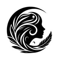 A silhouette of a womans profile, intertwined with stylized leaves and swirls, forming a circular emblem of natural elegance. vector