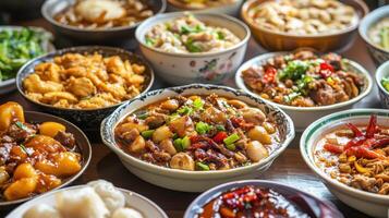 Delicious spread of various dishes featuring vibrant colors and diverse ingredients in a bustling dining setting photo