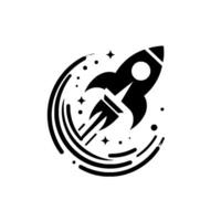 Black and white rocket launching through space, surrounded by stars and trails in a simple, clean style, representing speed and innovation. vector