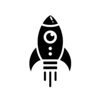 A sleek, minimalist black and white rocket icon, ready for launch, featuring details like a stylized eye and flame. vector