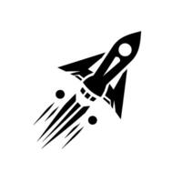 A black and white illustration depicting a rocket ship ascending, showcasing its sleek silhouette against a stark white background with stylized exhaust trails and simple celestial elements. vector