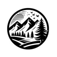 A monochromatic mountain landscape within a circle, featuring soaring birds, pine trees, a stylized sun, and rolling hills, evoking a sense of tranquility. vector