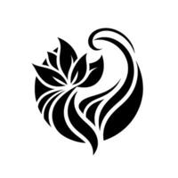 A stylized black and white floral emblem, a delicate composition featuring a central flower encircled by flowing, organic lines and a curling accent, all set against a pristine white background. vector