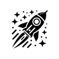 Sleek black and white illustration of a rocket soaring amidst stylized stars and dots in a minimalist space theme, suggesting adventure and progress. vector