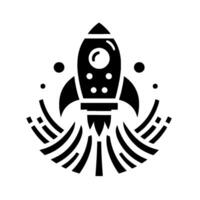 Bold black and white of a stylized rocket ship taking off, with jets of fire and floating spheres, on a clean white background. vector