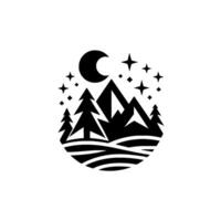 A minimalist black and white illustration of a night scene featuring mountains, evergreen trees, a crescent moon, and stars inside a circular frame. vector
