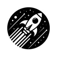 A minimalist, black and white circular illustration featuring a stylized rocket ship soaring through a starspeckled night sky, leaving trails. vector