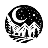 Silhouette of a serene mountain landscape under a starlit night sky within a circular frame, featuring a crescent moon and trees. vector