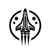 A symmetrical, minimalist illustration of a rocket blasting off, enclosed by a ring and surrounding spheres, symbolizing space travel. vector