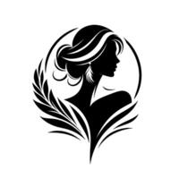 Elegant silhouette of a woman adorned with flowing hair, an ornamental earring, framed by a decorative laurel wreath within a circular border, showcasing a classic and refined design. vector